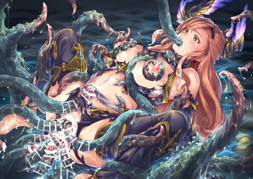 anal bar_censor black_thighhighs bra breasts brown_eyes censored crying crying_with_eyes_open cum cum_on_body double_vaginal female granblue_fantasy hairband highres kuragetakos large_breasts long_hair multiple_anal_insertions multiple_vaginal_insertions nipple_tweak nipples octopus orange_hair rape restrained solo stomach suction_cups tears tentacle tentacle_in_mouth tentacle_sex thighhighs torn_bra torn_clothes triple_anal tweyen_(granblue_fantasy) underwear vaginal_penetration water