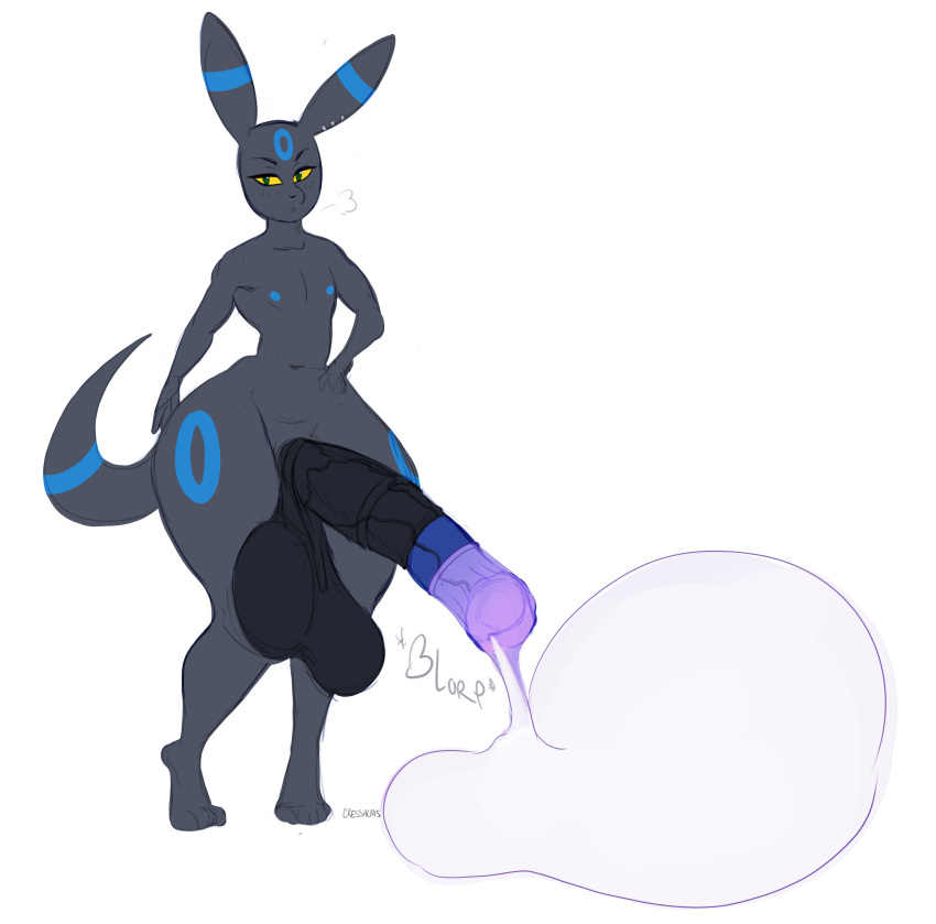 absurd_res big_penis bodily_fluids condom cressalias cum eeveelution ejaculation filled_condom generation_2_pokemon genital_fluids genitals girly hi_res huge_cock hyper hyper_genitalia hyper_penis nintendo penis pokemon pokemon_(species) pokemorph sexual_barrier_device thick_thighs umbreon wearing_condom wide_hips