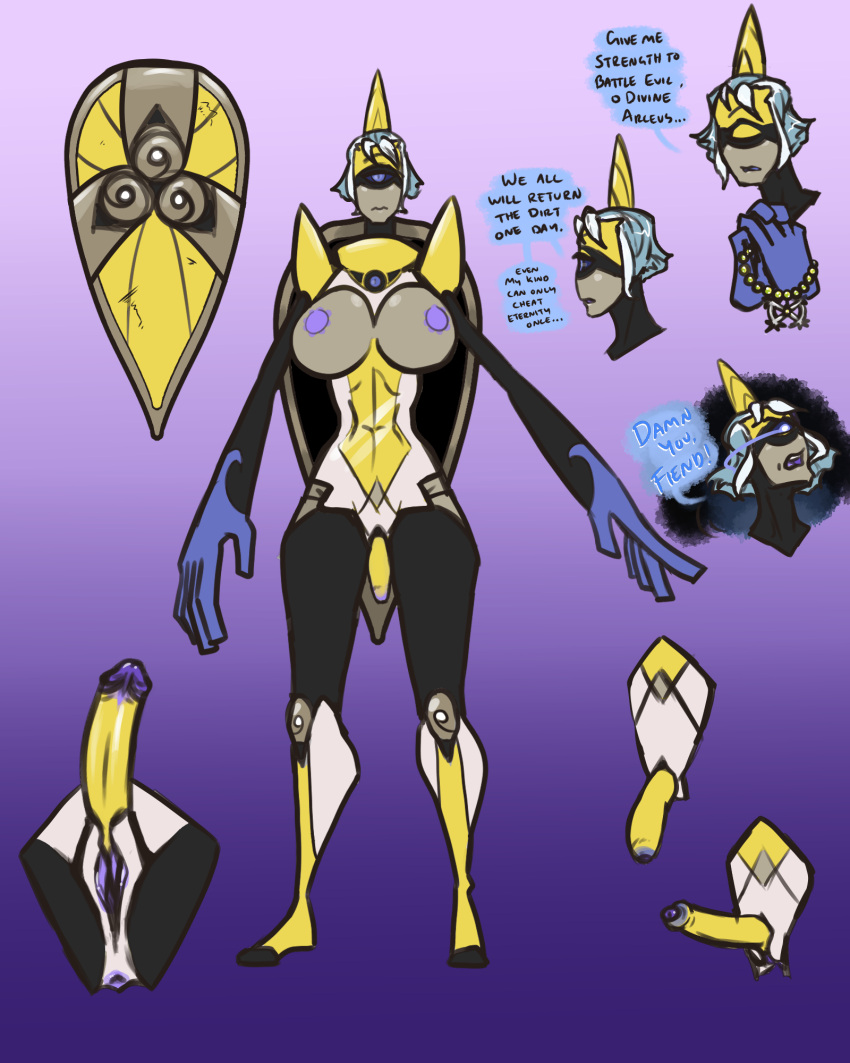 aegislash animate_inanimate anthro big_breasts dragonsushi front_view futa_only futa_sans_balls futanari hi_res penis pokémon_(species) pokemon pussy tagme text thick_thighs