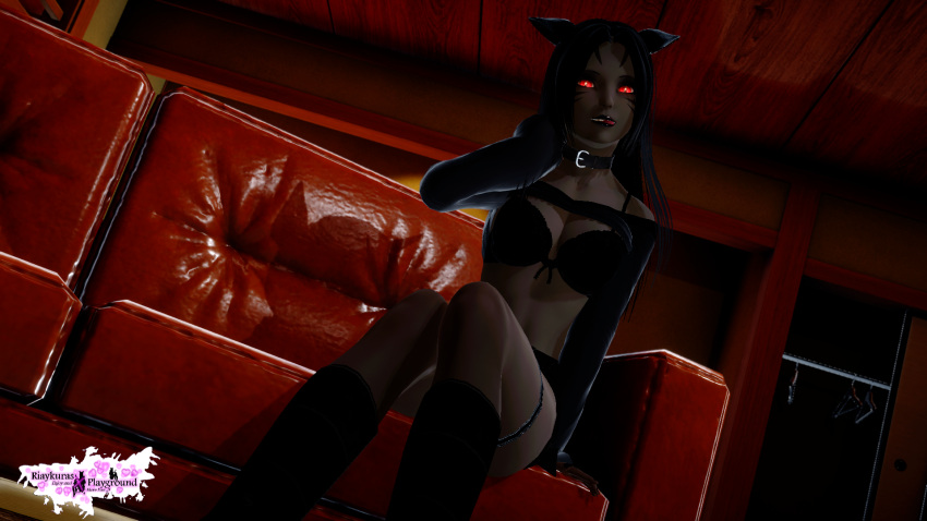 3d black_bra black_clothing black_collar catgirl cupiditatem dark-skinned_female dark_skin female_only final_fantasy final_fantasy_xiv miqo'te red_eyes riaykuras_playground showing_bra solo