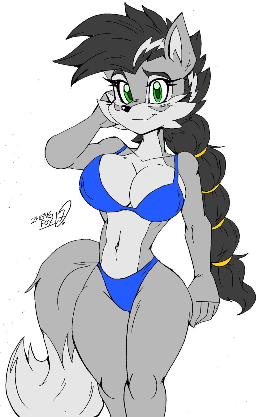 1girls akatsukishiranui-fox alluring anthro big_breasts bikini black_hair cleavage furry green_eyes grey_fur lupe_the_wolf pin_up posing sega sonic_(series)