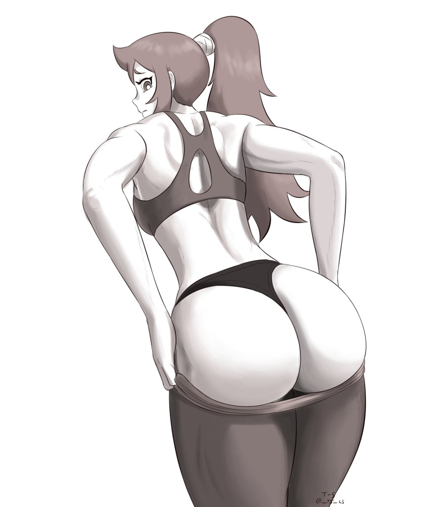 ass big_ass big_butt black_and_white bra chariot_du_nord fitness leggings_down little_witch_academia long_hair muscular_female on_back thong thong_panties thotticus-slayer