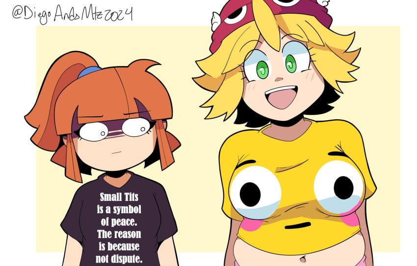 2girls absurd_res amitie arle_nadja big_breasts blonde_hair border breast_envy breasts chubby chubby_female drivojunior emoji flushed_emoji_shirt green_eyes happy looking_at_viewer madou_monogatari meme meme_clothing orange_hair puyo_puyo puyo_puyo_fever simple_background slightly_chubby slightly_chubby_female small_breasts smile smile_at_viewer staring staring_at_breasts text white_border