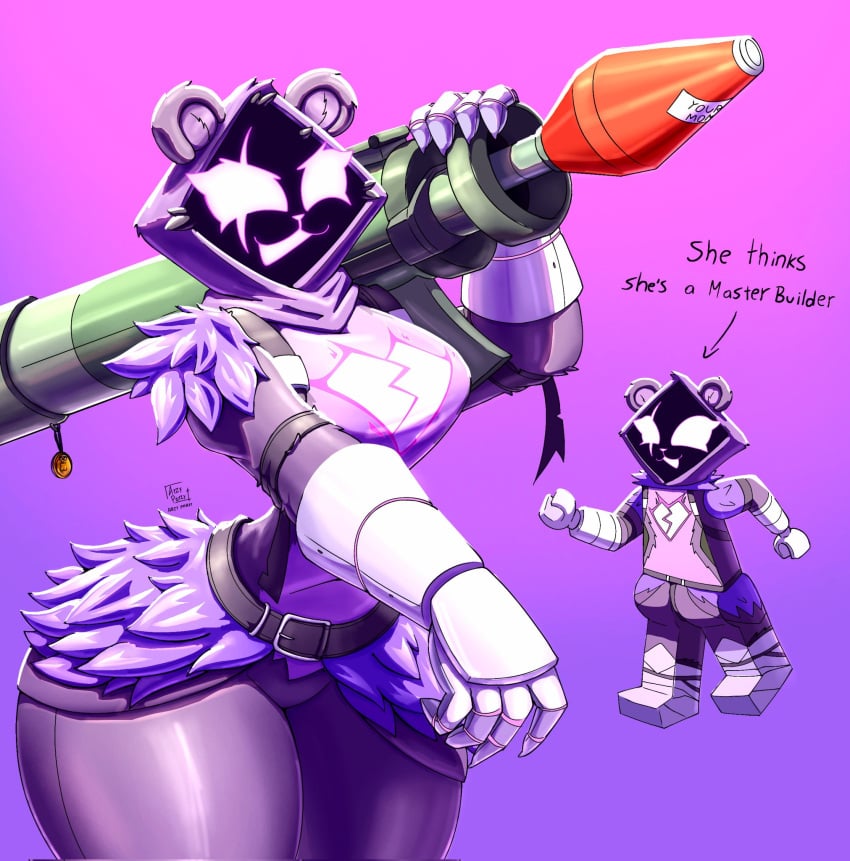 arzyparzy bandage bandages bear bear_ears belt breasts clothed clothing female female_focus fortnite fur gauntlets glowing_eyes hood lego_fortnite purple_background purple_clothing purple_fur raven_team_leader rocket_launcher tagme thin_waist tight_clothing wide_hips