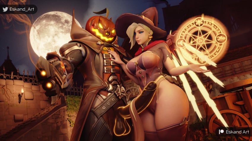 1girls 1male 3d clothing dark-skinned_male dark_skin eskandart female halloween headwear human interracial male mercy overwatch overwatch_2 pale_skin pumpkin_reaper reaper witch_mercy