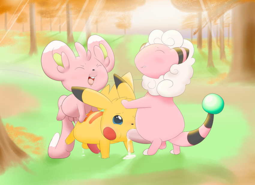 blush cum cum_in_mouth feral flaaffy furry hi_res male male_only minccino penis pikachu pokémon_(species) pokemon pokemon_(species) shiny_cinccino shiny_flaafy shiny_pokemon spitroast tagme threesome yumei