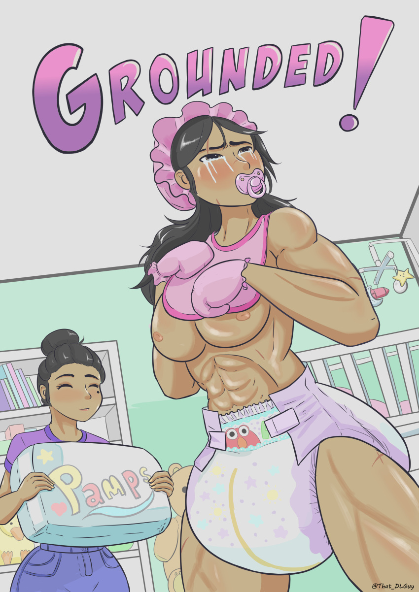 2girls abdl abs beauty_mark bib big_breasts blush breasts crying diaper diaper_critter embarrassed female humiliation infantilism mature_female milf mother multiple_girls muscular muscular_female nipples pacifier tears text thatdlguy