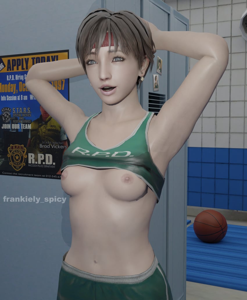 1girls 3d armpits arms_up bangs basketball blender blue_eyes bra breast_grab breasts breasts_out brown_hair capcom clothed clothed_female clothing earring earrings female female_focus female_only frankiely_spicy headband headgear headwear indoor indoors inside locker locker_room looking_at_viewer naked naked_female nipples nude nude_female pale-skinned_female pale_skin partially_clothed partially_clothed_female photo photo_(object) police police_uniform policewoman rebecca_chambers resident_evil resident_evil_0 shirt shirt_lift shirt_up shorts solo solo_female solo_focus sports_bra sports_uniform sportswear stare staring staring_at_viewer tease teasing teasing_viewer