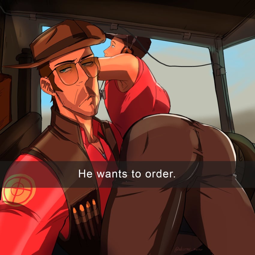 2boys alcornoz annoyed_expression ass_focus big_ass camper_van dog_tags driving english_text he_wants_to_order headset male male_focus meme scout scout_(team_fortress_2) sniper sniper_(team_fortress_2) tagme team_fortress_2 vest