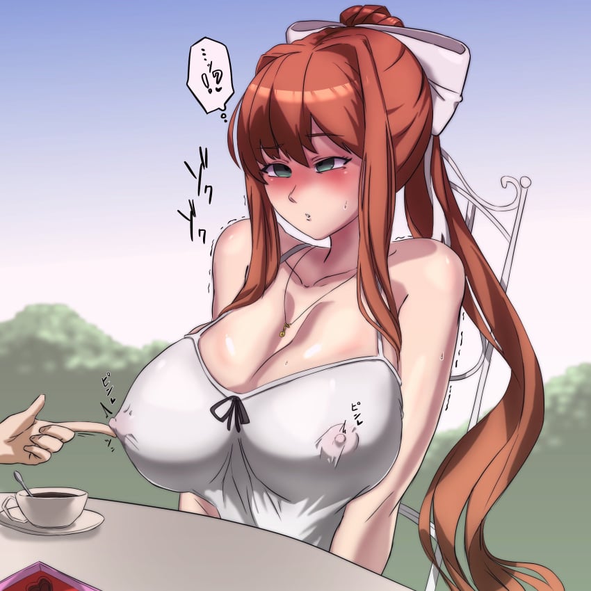 ! !? 1girls ? areolae_visible_through_clothing bare_shoulders blush bow breasts brown_hair collarbone doki_doki_literature_club embarrassed erect_nipples erect_nipples_under_clothes female female_focus green_eyes hyper_breasts kaxiota large_breasts long_hair monika_(doki_doki_literature_club) necklace nipple_bulge nipple_tweak nipples nipples_visible_through_clothing outdoors pokies poking_breast poking_nipples ponytail see-through sitting spaghetti_strap tank_top trembling