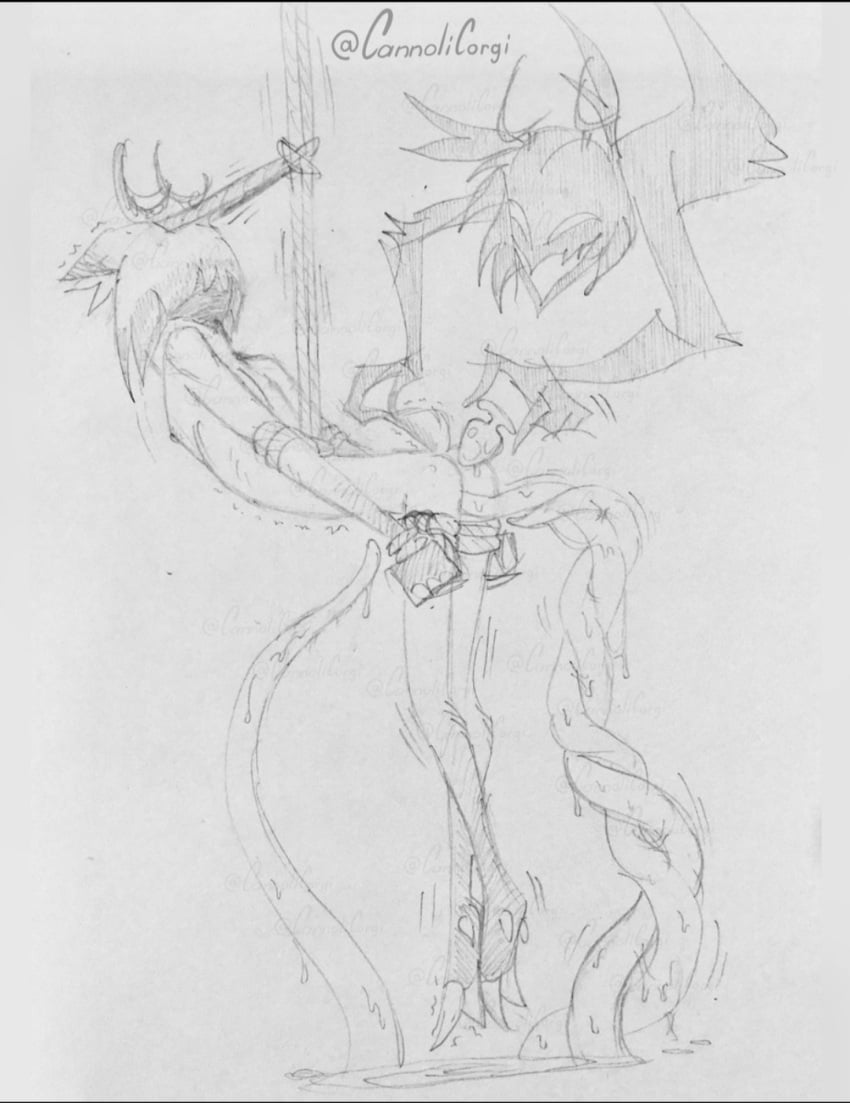 alastor_(hazbin_hotel) bondage bound_arms bound_legs bound_wrists buttplug cannolicorgi clenched_hands hazbin_hotel living_shadow male_only sex_toy shadow sketch tentacle tentacle_penetration tentacle_sex