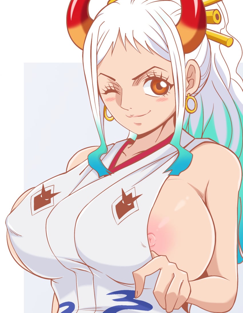 1female 1girls big_breasts blue_hair blush breast_focus breasts breasts_focus breasts_out brown_eyes dress earrings female female_focus female_human female_only girl girly horn horns japanese_clothes kimono one_piece orange_hair showing_breasts sideboob simple_background simple_shading smile tied_hair white_background white_hair wink xeno_doujin yamato_(one_piece)