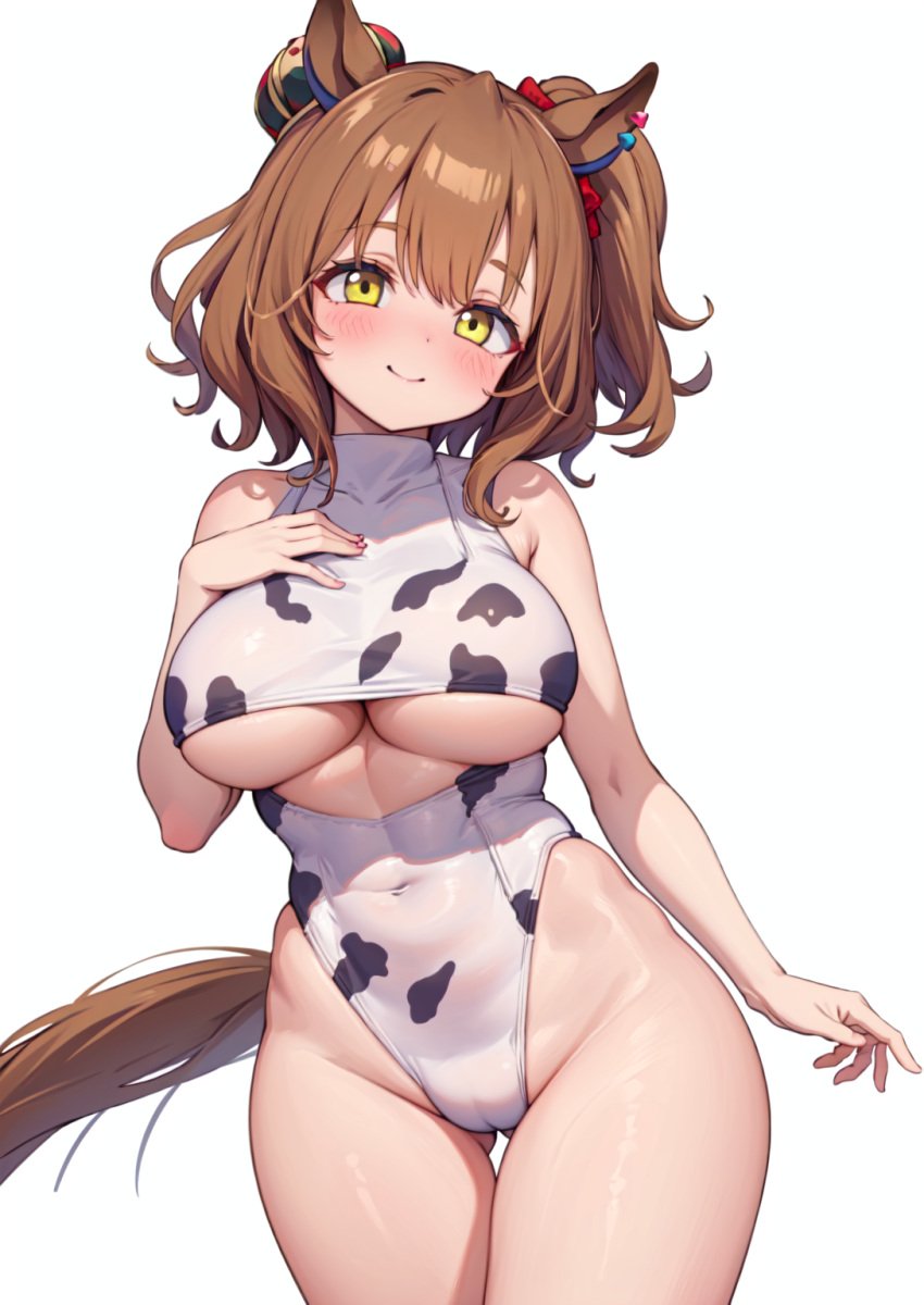 ai_generated amano_gawa animal_ears aston_machan_(umamusume) breasts brown_hair cow_print female hair_ornament horse_girl horse_tail large_breasts light_green_eyes medium_hair scrunchie swimsuit tail umamusume umamusume_pretty_derby underboob yellow_eyes