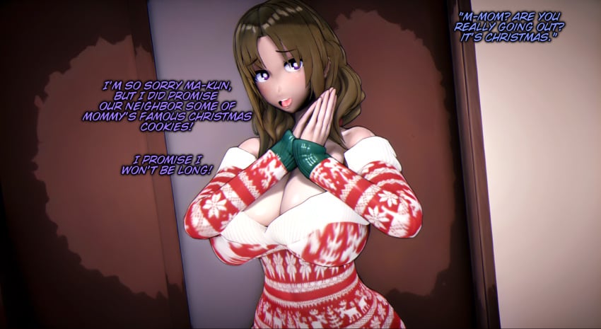 1girls 3d brown_hair christmas christmas_sweater do_you_love_your_mom_and_her_two-hit_multi-target_attacks? female koikatsu large_breasts motherly_cuckold netorare ntr oosuki_mamako out_of_frame_male purple_eyes self_upload sic_phuck text tsuujou_kougeki_ga_zentai_kougeki_de_ni-kai_kougeki_no_okaasan_wa_suki_desu_ka?