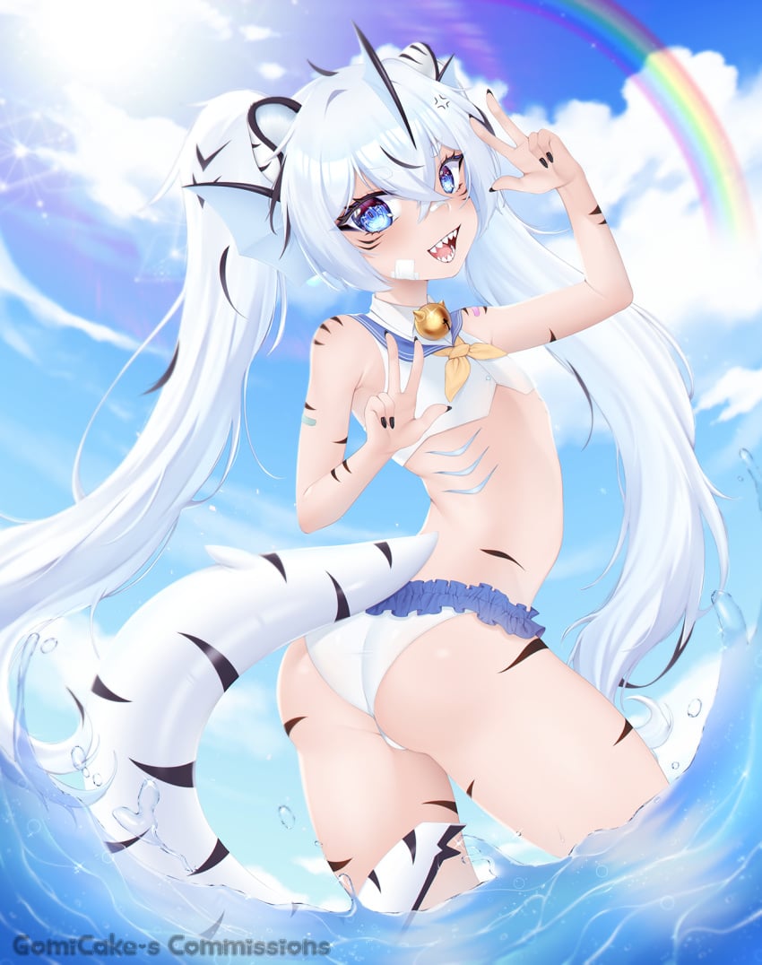 ass ass_focus bandage bell bell_collar black_nails blue_eyes brat femboy fins gills gomi-cake indie_virtual_youtuber long_fingernails long_hair male male_only otokonoko pale_skin plump_ass sailor_collar sailor_uniform shark shark_tail shark_teeth sharp_teeth skin_markings sky_background snow_tiger swimsuit swimwear taigaxholic tiger twintails virtual_youtuber water watermark white_hair white_tiger younger_male