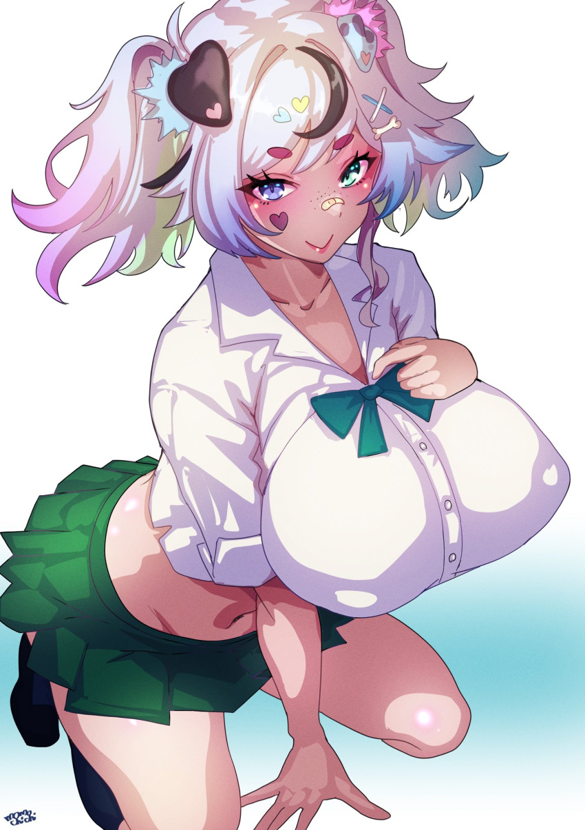 1girls :> animal_ears bandaid bandaid_on_nose bare_midriff belly_button black_shoes black_stockings blue_background blue_eye breasts bulging_breasts button_shirt buttoned_shirt clothed clothing crop_top detailed_eyes dog_ears dog_girl female female_only folded_ears gradient gradient_background green_eyes green_ribbon green_skirt hair_ornament hair_ornaments heart_tattoo heterochromia huge_breasts hunikin inviting kawa_entertainment light-skinned_female light_skin looking_at_viewer medium_hair midriff momoyama_tits multicolored_hair nipple_bulge pleated_skirt ribbon school_uniform seductive seiza shirt shoes shoes_on short_sleeves signature silver_hair skirt sleeves_pushed_up smile solo stockings tattoo teasing thick_eyebrows twintails uniform virtual_youtuber white_background white_hair white_shirt