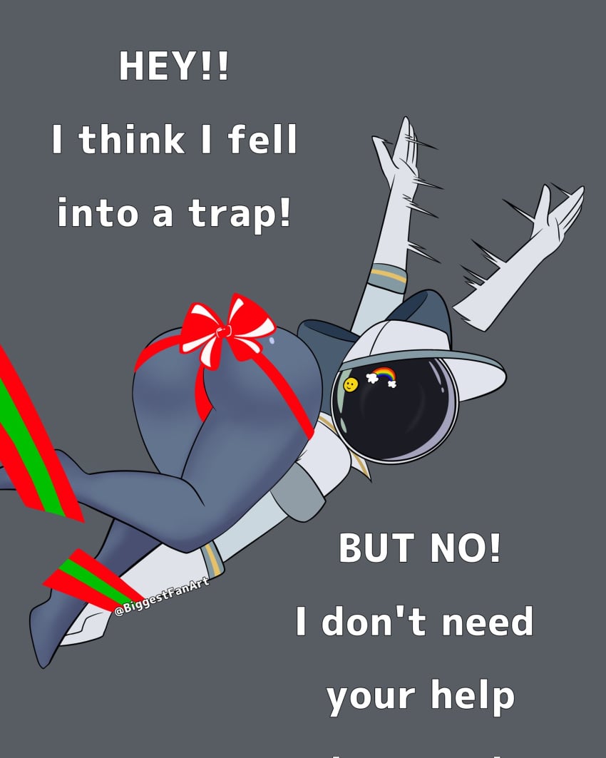 ass_focus biggestfanart christmas female_only looking_at_viewer murder_drones present tessa_elliot tessa_elliot_(space_suit) trapped