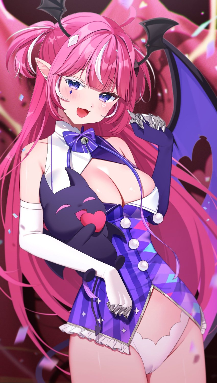 :d ahoge bangs bare_shoulders bell blush bow bowtie breasts cameltoe camila_(vtuber) cimp_(camila) cleavage cleavage_cutout clothing_cutout cowboy_shot demon_girl demon_tail demon_wings dress elbow_gloves facial_mark fan_mascot_(vtuber) female gloves head_wings heart heart_ahoge holding indie_virtual_youtuber large_breasts long_hair looking_at_viewer multicolored_hair no_pants oerba_yun_fang open_mouth panties pink_hair pointy_ears purple_eyes sleeveless smile solo streaked_hair succubus tail two_side_up underwear very_long_hair virtual_youtuber white_gloves white_panties wings