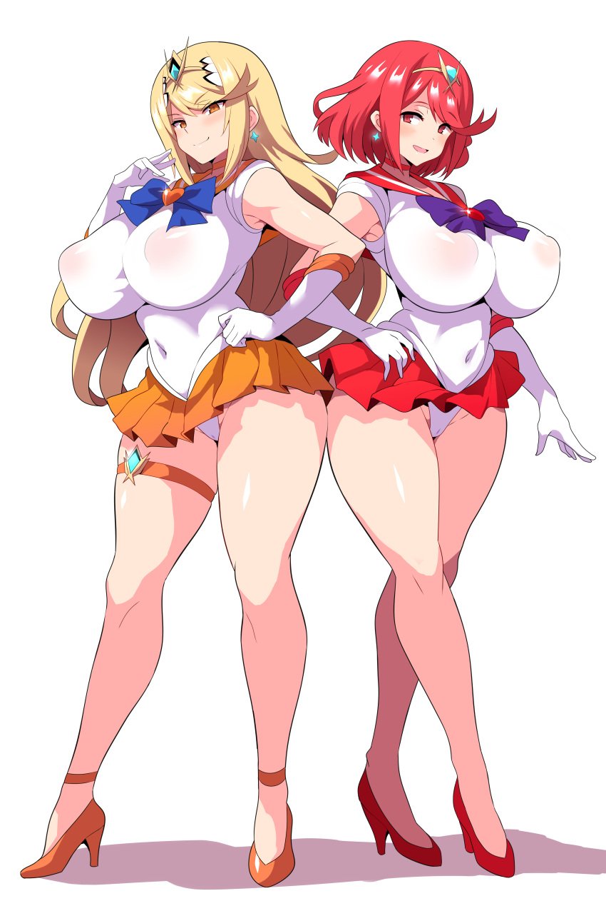 2girls bishoujo_senshi_sailor_moon blonde_hair breasts clothing cosplay female gold_eyes high_heels highres hips huge_breasts konno_tohiro large_breasts light-skinned_female multiple_girls mythra naughty_face nintendo pyra red_eyes red_hair sailor_mars_(cosplay) sailor_venus_(cosplay) short_hair skirt thick_thighs thighs wide_hips xenoblade_(series) xenoblade_chronicles_2