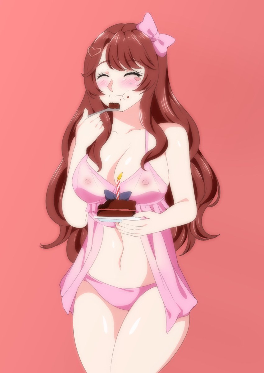 1girls blush breasts brown_hair cake candle chibi_(chibipower) chibipower chocolate_cake crumbs dessert eating fork happy heart_hair_ornament heart_tattoo lingerie long_hair nipples nipples_visible_through_clothing panties pink_lingerie pink_ribbon see-through see-through_clothing smile solo_female stomach virtual_youtuber vtuber