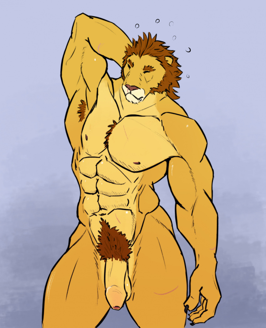 abs anthro balls biceps casual_nudity felid flaccid foreskin fur genitals hair hi_res humanoid_genitalia humanoid_hands humanoid_penis leo_sus_art lion male mammal manly muscular muscular_anthro muscular_male navel nude pantherine penis solo solo_focus