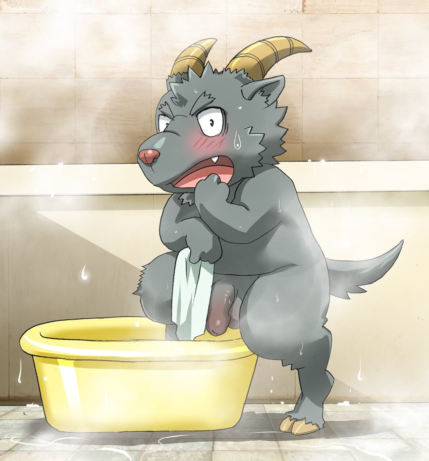 anthro bathing blush bucket caprine chibi flaccid goat hooves horn male male_only mammal nude penis q14658091 salomonkun solo steam tokyo_afterschool_summoners