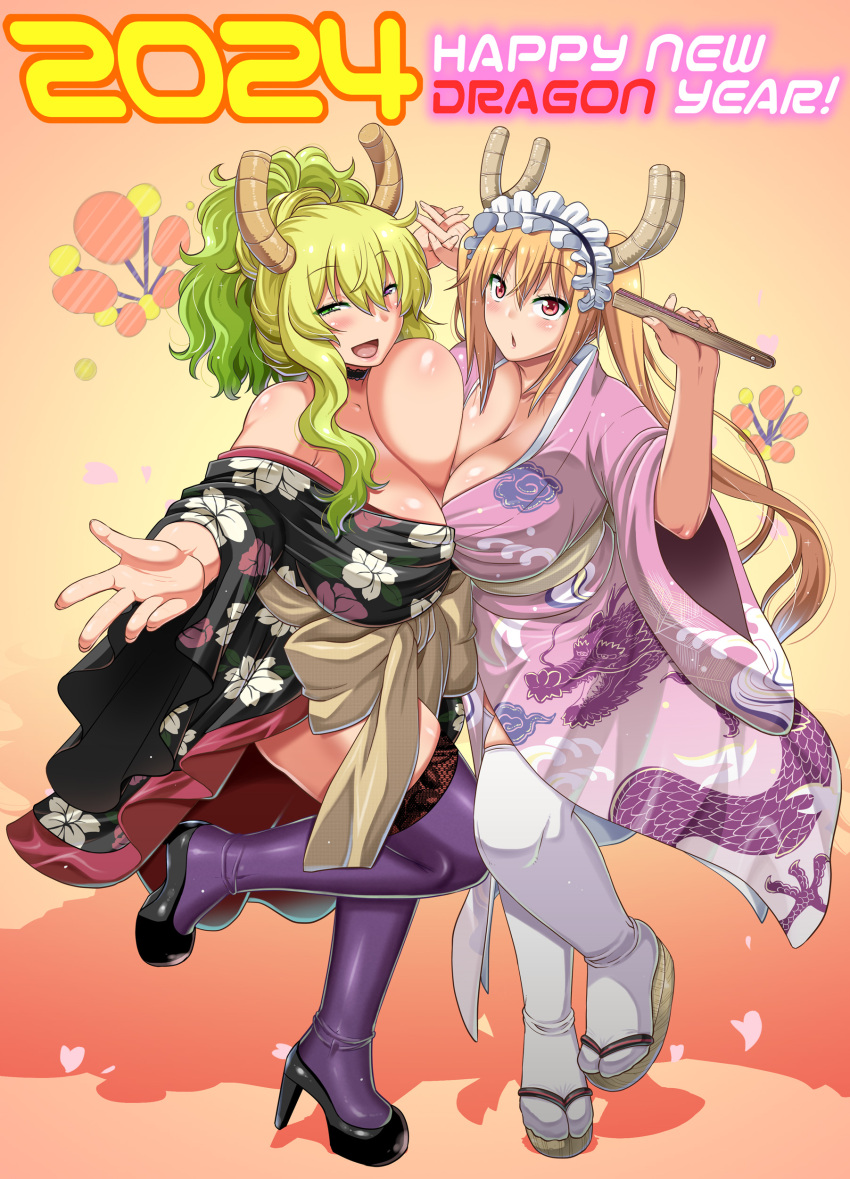 2girls asymmetrical_docking breast_size_difference duo female female_only huge_breasts japanese_clothes large_breasts maid_headdress miss_kobayashi's_dragon_maid quetzalcoatl_(dragon_maid) standing standing_on_one_leg tohru_(dragon_maid) utamaro