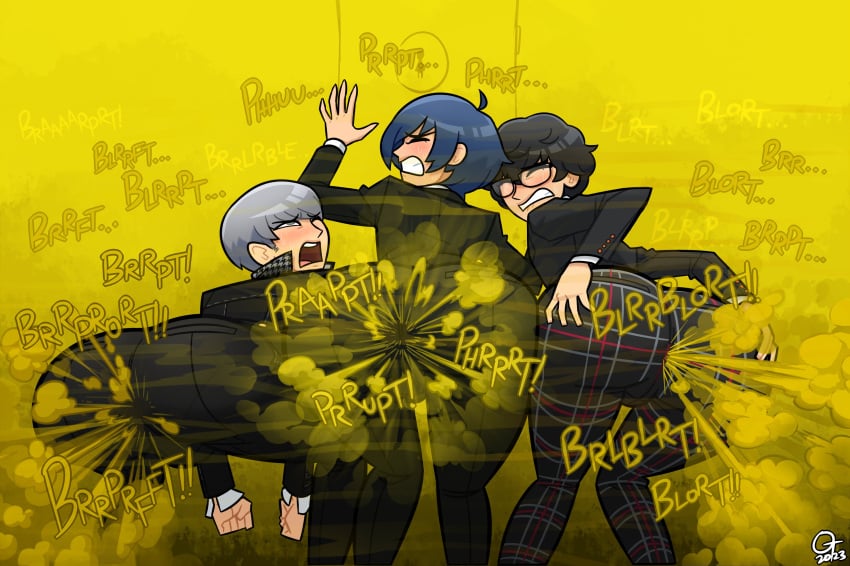 3boys alttenn ass atlus big_ass big_butt black_hair blue_hair blush butt fart fart_cloud fart_everywhere fart_fetish farting fat_ass fat_butt fully_clothed glasses grey_eyes grey_hair group_farting huge_ass huge_butt joker_(persona) makoto_yuki male male_fart male_only narukami_yu oddtenn persona persona_3 persona_4 persona_5 ren_amamiya sweat sweating tenuousoddity text thick_ass thick_butt