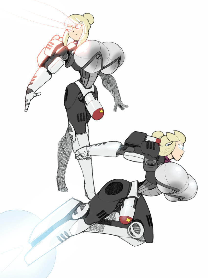 android big_breasts blonde_hair breasts crotch_rocket eyes_hidden glasses hair_bun huge_breasts large_breasts laser_eyes last_period nipples nosunato robot robot_girl robot_joints rocket_heels sonya_(last_period) weapon_over_shoulder