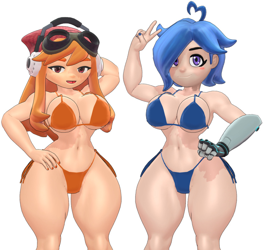 2girls 3d bikini blue_bikini blue_hair female female_only glitch_productions hair_over_one_eye human_meggy kabalmystic kapp-99 looking_at_viewer meggy_spletzer metal_arm mikumikudance navel orange_bikini orange_hair peace_sign purple_eyes robotic_arm smg4 tari_(smg4) transparent_background two_piece_swimsuit youtube