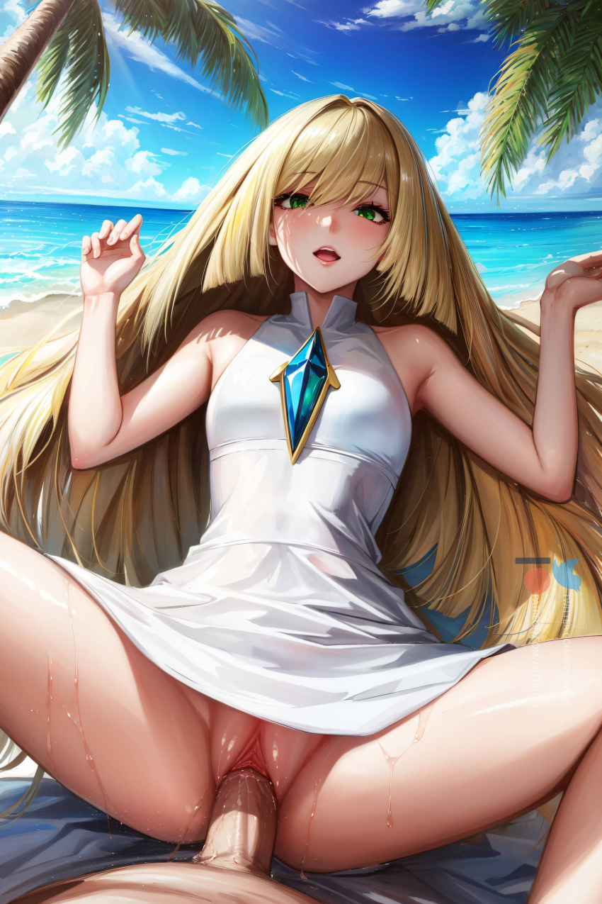 1boy 1girls ahe_gao ahe_gao ai_generated artsbuyu bangs blonde_hair blush dress embarrassed green_eyes hi_res long_hair looking_at_viewer lusamine_(pokemon) lying medium_breasts missionary_position open_mouth penis pokemon pokemon_sm pussy pussy_juice sex sidelocks spread_legs stable_diffusion straight straight straight_hair vaginal_penetration vaginal_penetration white_dress