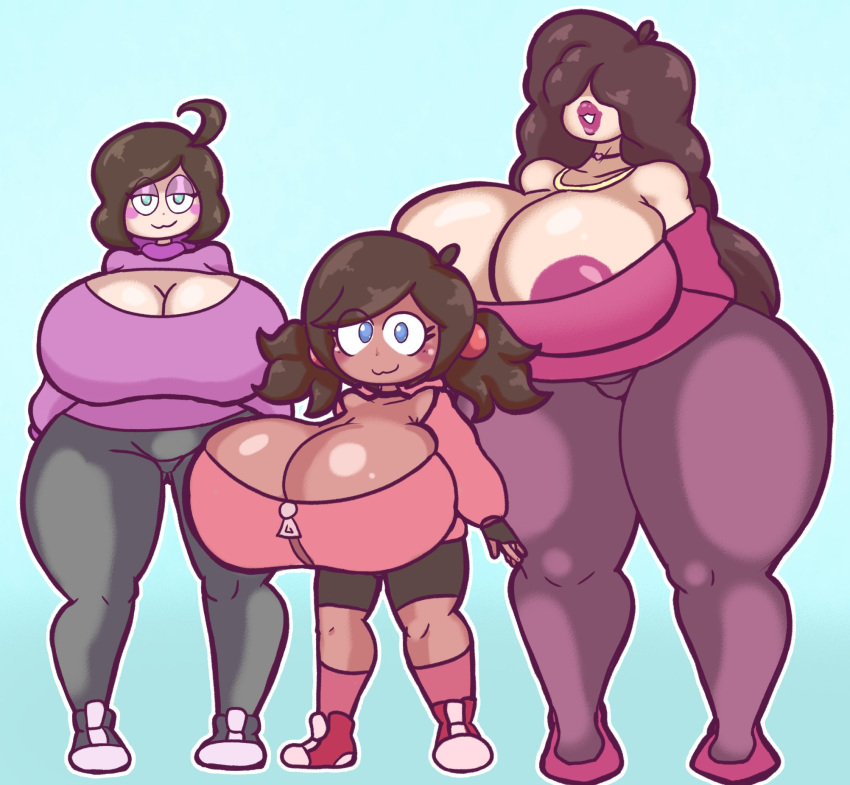 big_breasts breasts brown_hair clothed delilah_(pixizi) family female femise_(pixizi) gabriela_(pixizi) light-skinned_female mother_and_daughter pink_nipples pixizi thick_thighs wide_hips