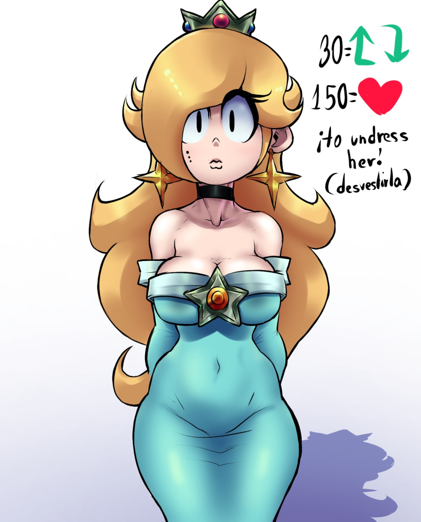 1girls blonde_hair breasts collar crown earrings female female_only light-skinned_female light_skin like_and_retweet looking_at_viewer mario_(series) mole nintendo penicilino123 pepitocuario123 princess_rosalina solo standing thighs