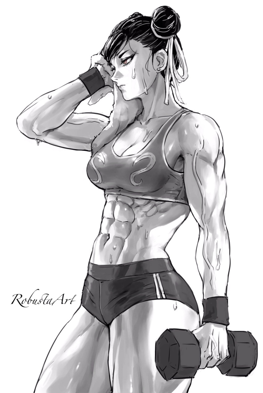 1girls abs athletic_female big_ass big_breasts chun-li cleavage clothed exercise female female_only robustaart street_fighter street_fighter_6 sweat thick_thighs weightlifting weights workout_clothes