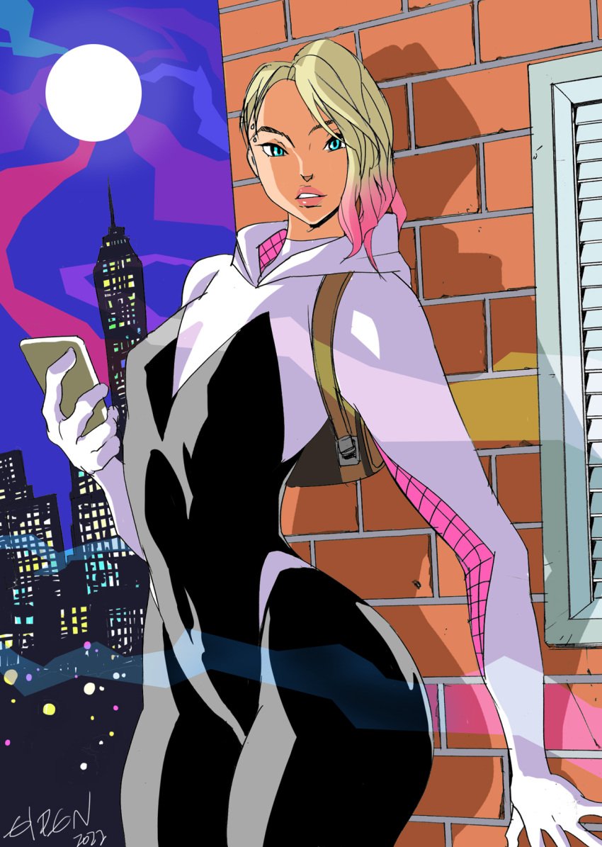 1girls blonde_female blonde_hair breasts eiden eyebrow_piercing female female_only gwen_stacy gwen_stacy_(spider-verse) heroine marvel marvel_comics mobile_phone small_breasts solo spider-gwen spider-man:_across_the_spider-verse spider-man:_into_the_spider-verse spider-man_(series) superhero_costume superheroine tagme