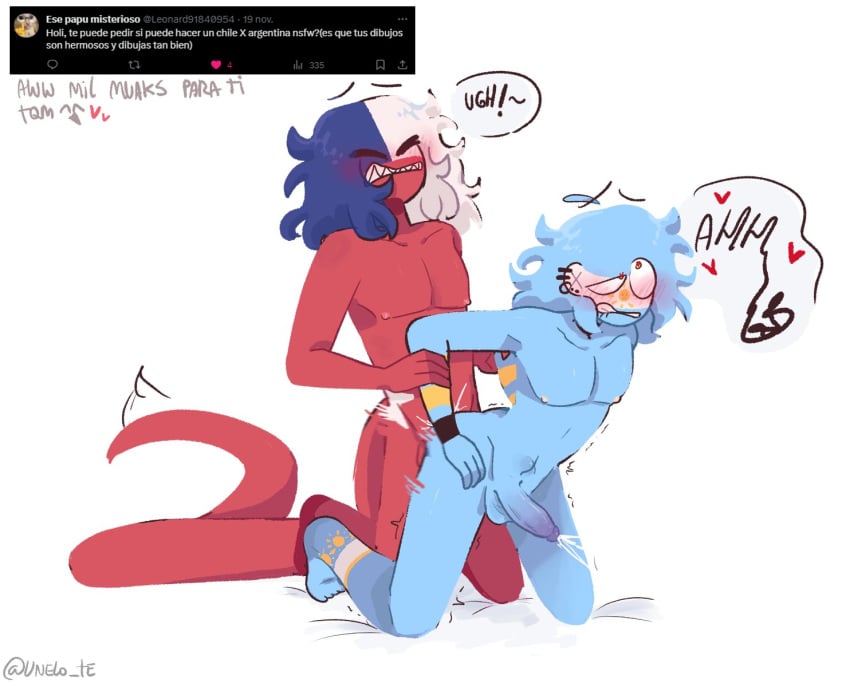 2boys anal anal_sex argentina_(countryhumans) arms_held_back blue_body chile_(countryhumans) countryhumans cum gay gay_sex homosexual male penis red_body sex tagme tail yaoi