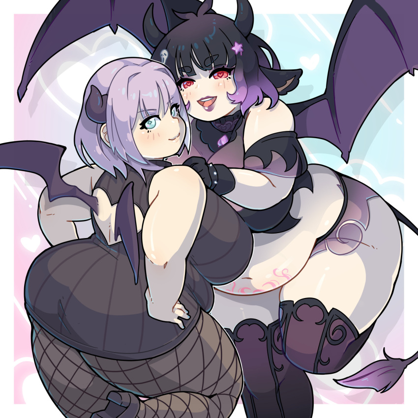 2023 2girls agano_(morningpanda) black_hair blue_eyes blush chubby eyebrows_visible_through_hair fishnets goth hair_ornament kneesocks large_breasts lavender_hair moomo_(morningpanda) morningpanda ombre_hair original plump red_eyes stomach_tattoo succubus succubus_horns succubus_tail thick_eyebrows thick_lips wing_cutout