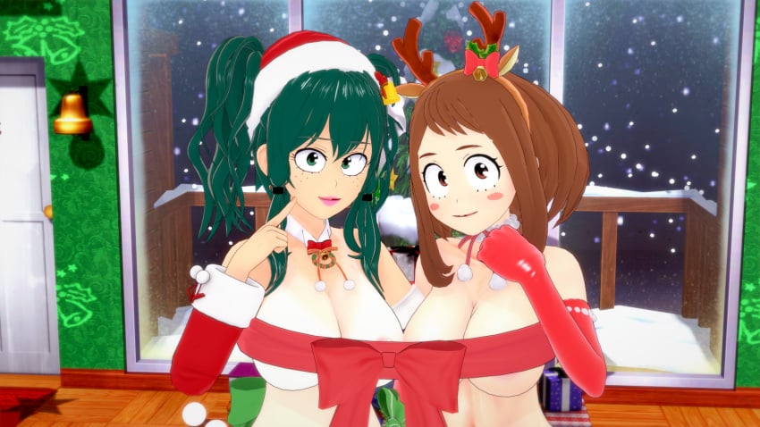 3d adult_swim big_breasts big_tits bimbo bimbos christmas eight69 female_deku izuku_midoriya my_hero_academia ochako_uraraka ribbon ribbons rule_63 skimpy toonami