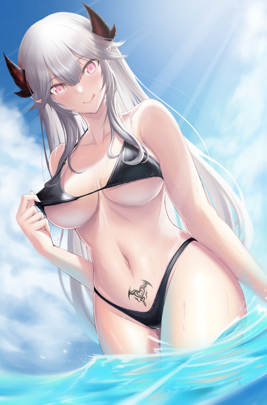 1girls :q absurdres bare_shoulders bikini black_bikini breasts clero_(viprimo) cloud collarbone female female_only grey_hair hair_between_eyes halterneck highres horns indie_virtual_youtuber large_breasts long_hair navel pink_eyes pointy_ears pubic_tattoo sky solo stomach succubus succubus_tattoo swimsuit tattoo tongue tongue_out veibae virtual_youtuber wading water wet