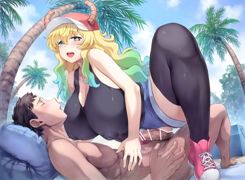 1boy 1girls 2023 2d anime_style black_tank_top black_thighhighs blonde_hair blue_hair blush blush_lines brown_hair censor_bar censored_penis closed_eyes completely_nude completely_nude_male day denim_shorts digital_art digital_drawing digital_media duo duo_focus female female_focus fisheye gigantic_breasts gonzalo_costa gray_eye green_eye green_hair hat heterochromia highres horns huge_breasts light-skinned_female light-skinned_male light_skin line_censoring long_hair looking_at_viewer male male/female male_pubic_hair miss_kobayashi's_dragon_maid mogudan multicolored_hair nipple_bulge nipples_visible_through_clothing open_eyes open_mouth outdoors palm_tree penis pink_shoes pubic_hair pussy quetzalcoatl_(dragon_maid) shoes short_hair sitting_on_penis sitting_on_person sneakers squatting straight submissive submissive_male tank_top thick_thighs thighhighs thighs yellow_pupil