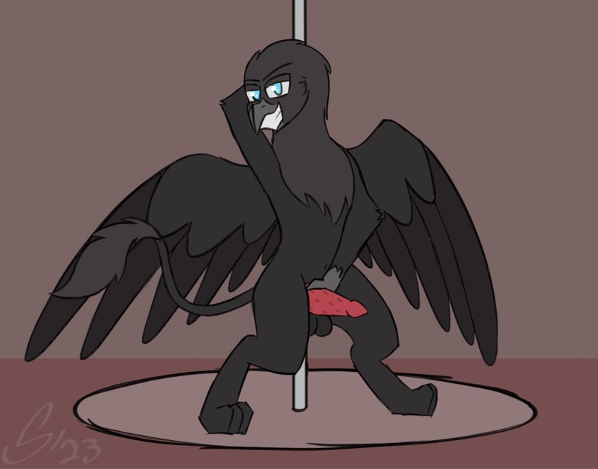 animated avian bird bouncing_penis corvid corvus_(genus) corvus_(sombird) crow dancing feral genitals gryphon hi_res holding_penis knot male male_stripper mythological_avian mythology oscine passerine penile_spines penis pole pole_dancing solo solo_focus sombird stripper_pole