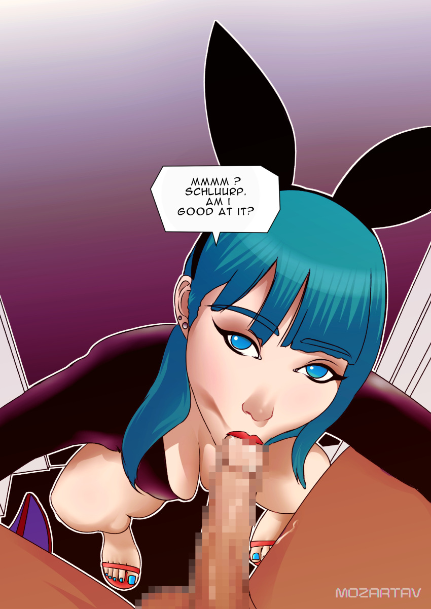 big_breasts blowjob blue_hair blue_nails breasts bulma_(bunny) bulma_briefs bunny_costume bunny_ears bunnysuit censored dragon_ball dragon_ball_(classic) fellatio fishnets hi_res highres mozartav pov pov_eye_contact slurping toes