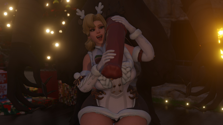 1boy 1girls 1monster 3d big big_breasts big_penis big_thighs christmas christmas_lights christmas_outfit christmas_present christmas_tree claws horsecock huge_balls huge_cock huge_thighs impossible_fit junkron krampus massive_penis mercy monster monster_cock overwatch size_difference wide_hips