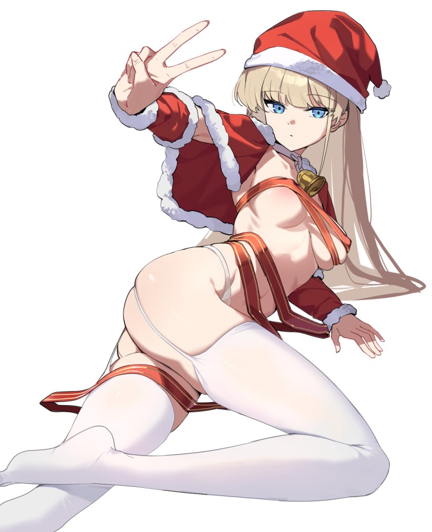 1girls areola_slip ass blonde_hair blue_archive blue_eyes bound breasts christmas christmas_outfit cleaning_&_clearing_(blue_archive) collar covered_nipples deatheach feet female fur_trim garter_straps legs lying medium_breasts millennium_science_school_student naked_ribbon no_shoes on_side panties peace_sign ribbon santa_hat solo thighhighs thighs toki_(blue_archive) underboob underwear v v_sign white_panties white_thighhighs wrapped