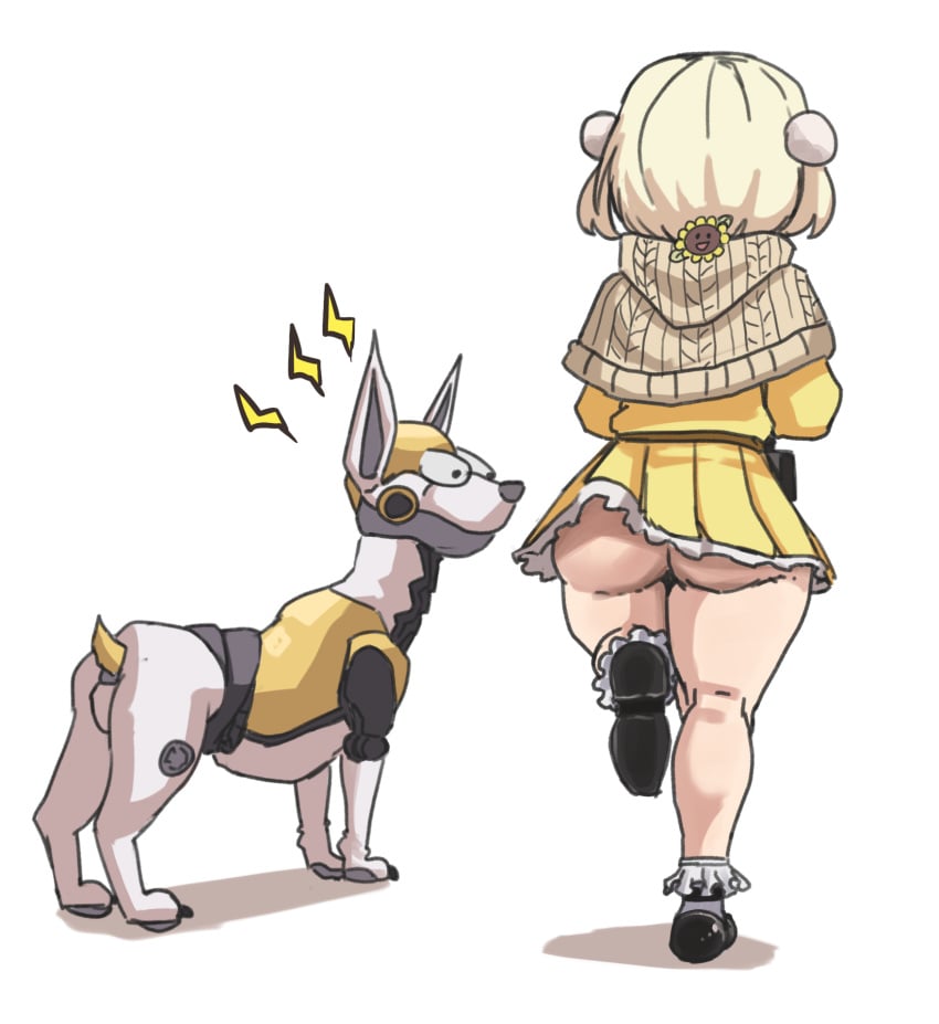 ass ass_awe ass_focus back back_view big_ass fat_ass goddess_of_victory:_nikke incinerated_art liter_(cute_sunflower)_(nikke) liter_(nikke) official_alternate_costume robot running shocked shocked_expression skirt skirt_lift volt_(nikke)