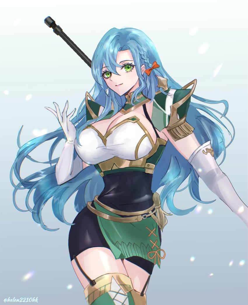 1girls armor black_dress blue_hair bodystocking boots braid breasts chloe_(fire_emblem) cleavage cleavage_cutout closed_mouth clothing_cutout dress earrings elbow_gloves female female_only fire_emblem fire_emblem_engage garter_straps gloves green_eyes hair_ribbon helen_(helen2210hk) highres large_breasts long_hair looking_at_viewer nintendo pegasus_knight_uniform_(fire_emblem) ribbon shoulder_armor skirt smile solo thigh_boots thighhighs thighs very_long_hair white_gloves