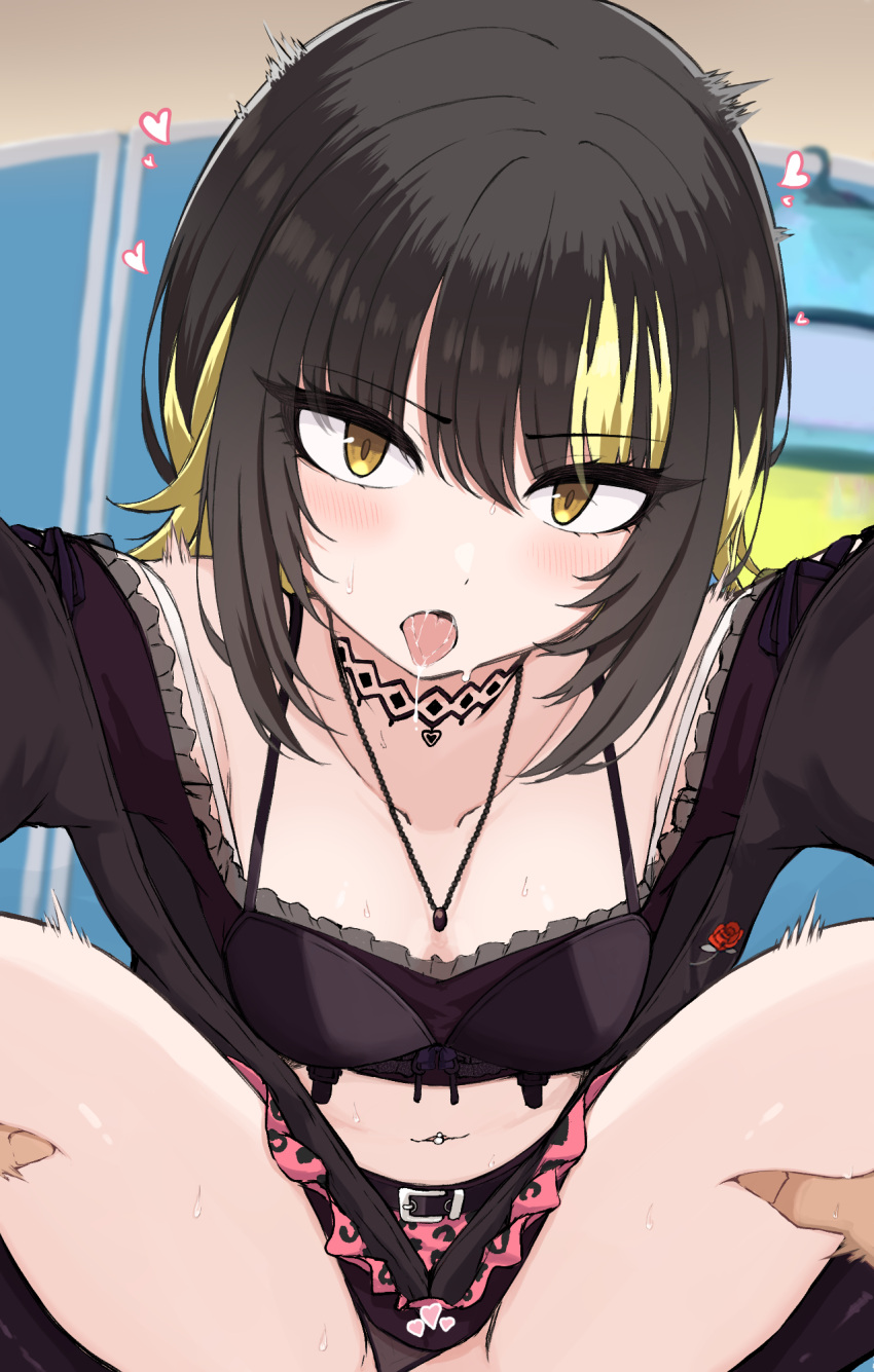 1boy belt_buckle black_hair black_jacket black_panties blonde_hair blush breasts buckle clothing_aside collarbone crop_top deep_skin female heart highres holding_another's_leg idolmaster idolmaster_shiny_colors ikaruga_luca implied_sex indoors jacket looking_at_viewer male midriff multicolored_hair navel_piercing out-of-frame_censoring panties panties_aside piercing pov pov_hands sidelocks small_breasts spread_legs stomach straddling straight streaked_hair sweat temari_rin tongue tongue_out underwear upright_straddle