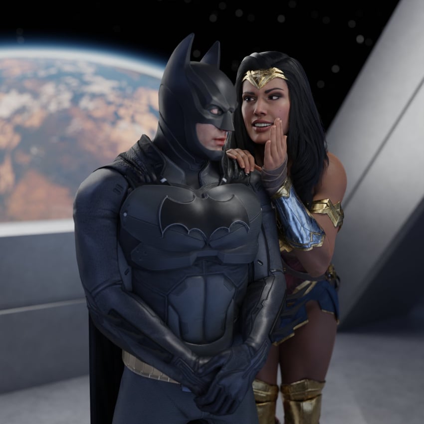 1boy 1girls 3d batman batman_(series) biceps black_hair blue_eyes busty dc dc_comics eyeshadow female female_focus hourglass_figure injustice_2 long_hair makeup male muscular muscular_female quick_e tagme wide_hips wonder_woman wonder_woman_(series)