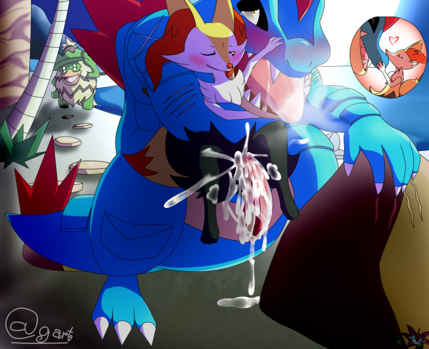 anthro being_watched braixen cum cum_drip cum_in_pussy excessive_cum female feraligatr furry hi_res kiss looking_pleasured ludicolo male open_mouth penis pokémon_(species) pokemon pokemon_(species) pussy pussy_juice scalie size_difference stand_and_carry_position tagme theaveragegarbage