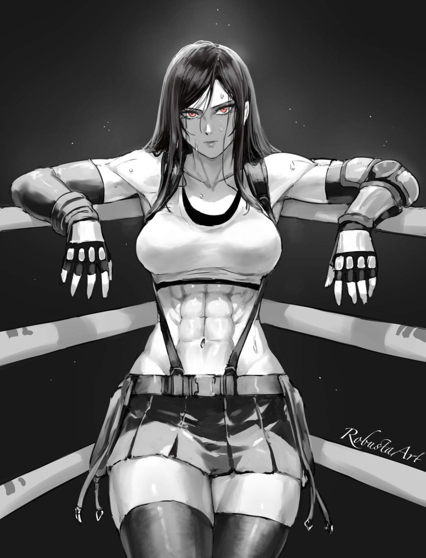 1girls abs athletic_female belt big_ass big_breasts boxing_ring cleavage female female_only final_fantasy final_fantasy_vii final_fantasy_vii_remake gloves greyscale light-skinned_female looking_at_viewer robustaart square_enix thick_thighs tifa_lockhart